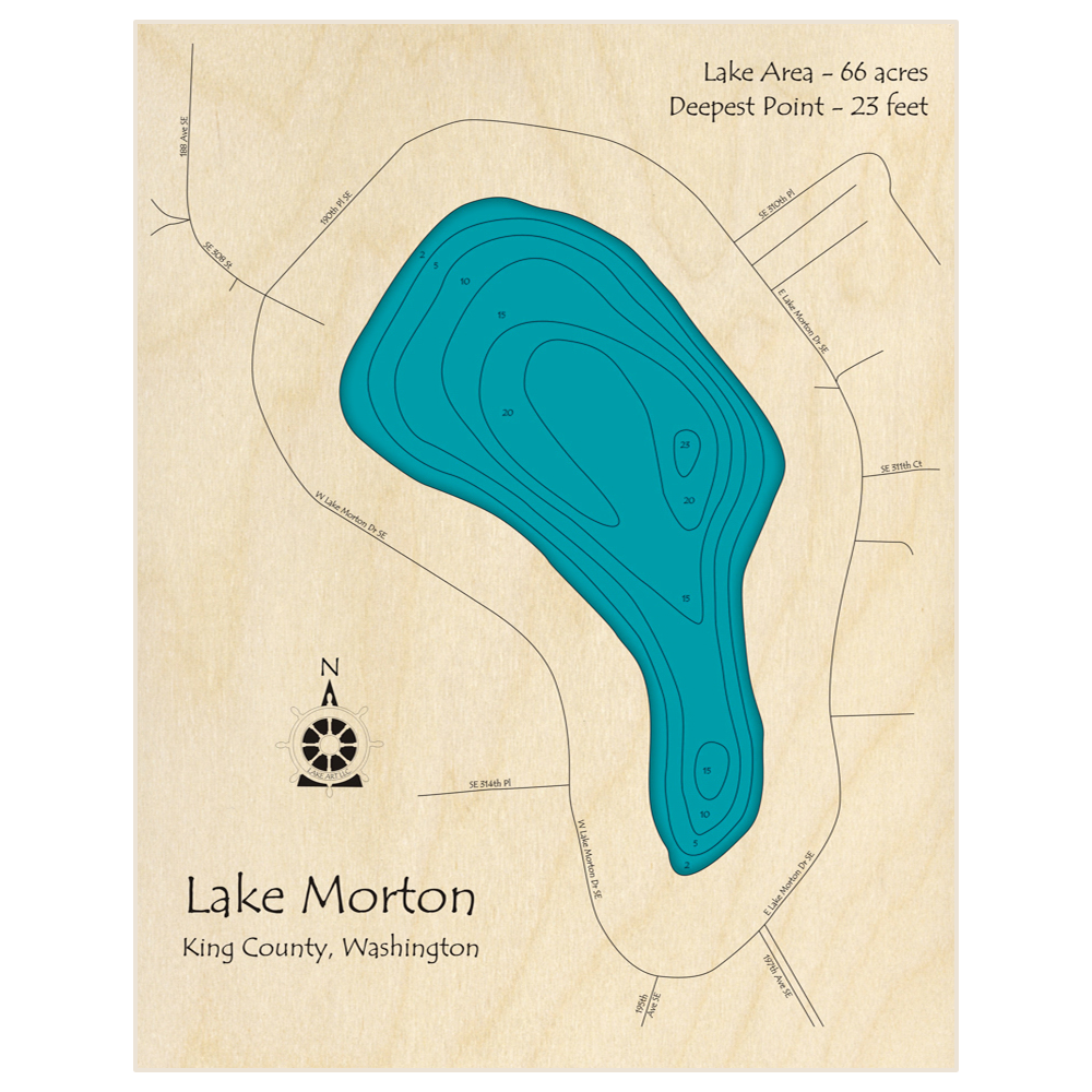 Bathymetric topo map of Lake Morton with roads, towns and depths noted in blue water