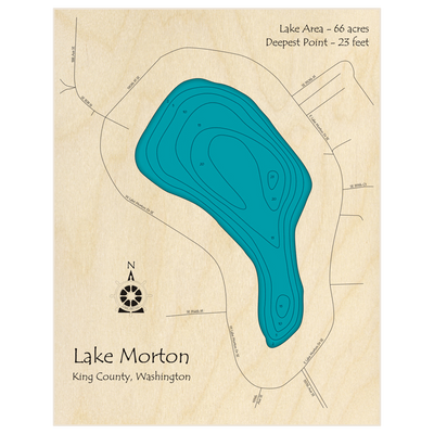 Bathymetric topo map of Lake Morton with roads, towns and depths noted in blue water