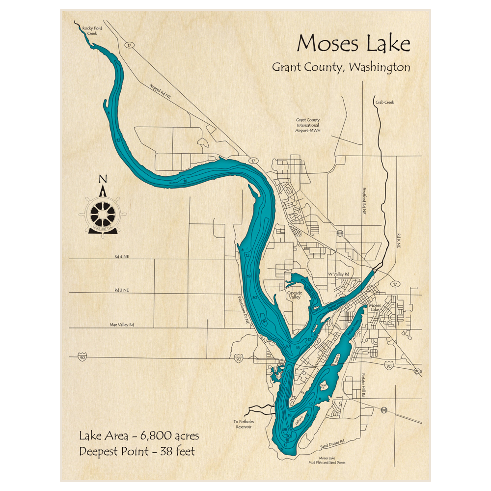 Bathymetric topo map of Moses Lake with roads, towns and depths noted in blue water