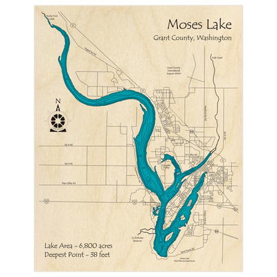 Bathymetric topo map of Moses Lake with roads, towns and depths noted in blue water
