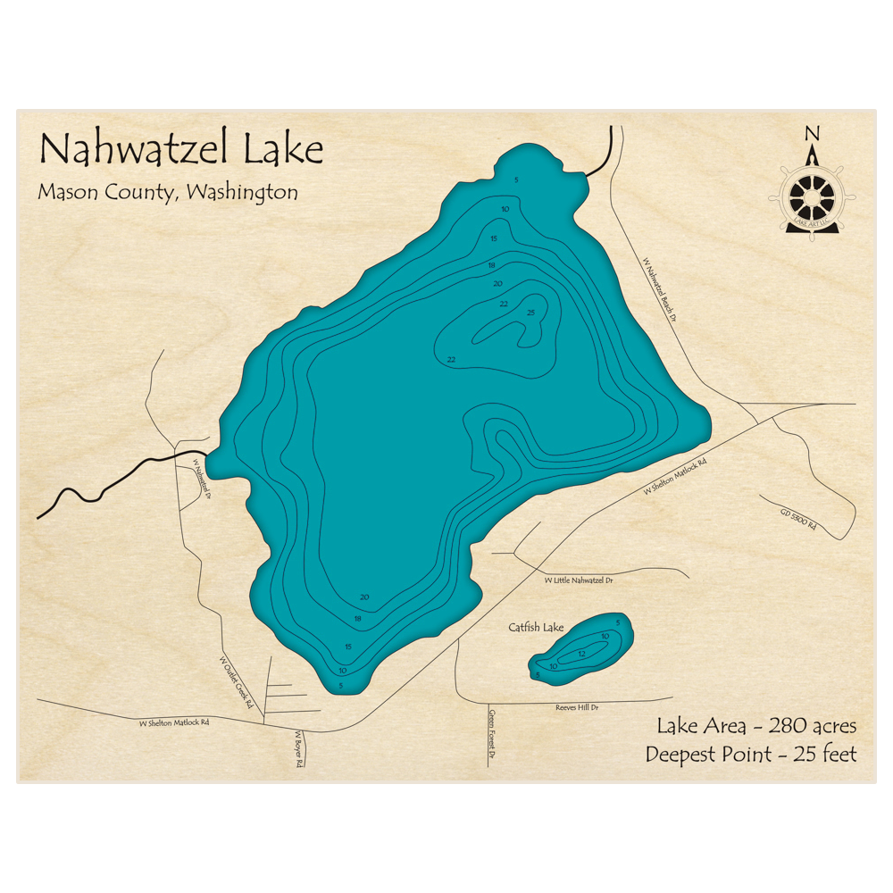 Bathymetric topo map of Nahwatzel Lake with roads, towns and depths noted in blue water