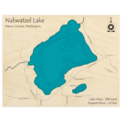 Bathymetric topo map of Nahwatzel Lake with roads, towns and depths noted in blue water