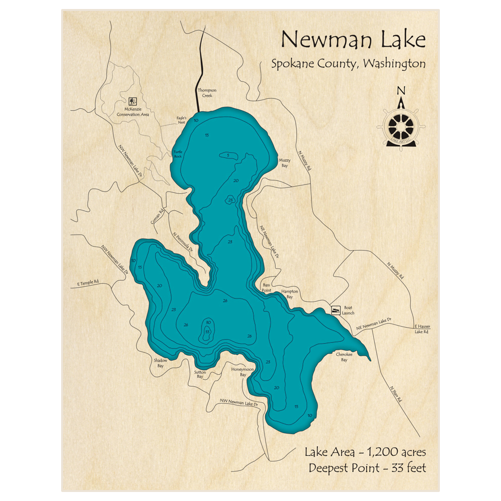 Bathymetric topo map of Newman Lake with roads, towns and depths noted in blue water