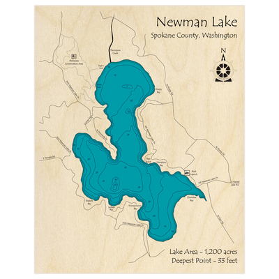 Bathymetric topo map of Newman Lake with roads, towns and depths noted in blue water