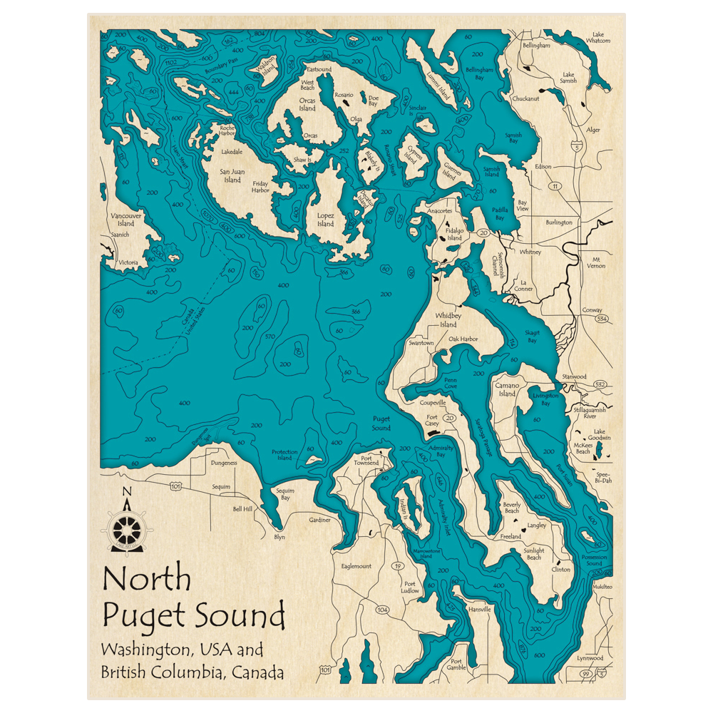 Bathymetric topo map of Northern Puget Sound (Extended further north) with roads, towns and depths noted in blue water