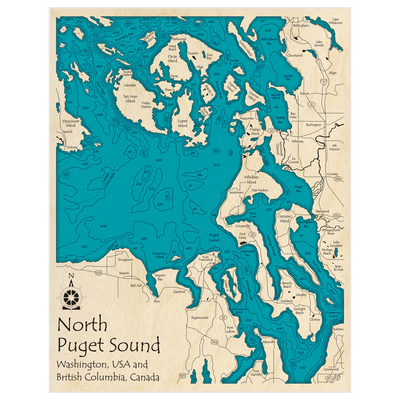 Bathymetric topo map of Northern Puget Sound (Extended further north) with roads, towns and depths noted in blue water