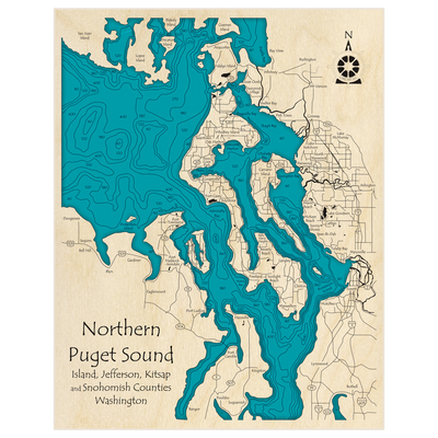 Bathymetric topo map of Northern Puget Sound with roads, towns and depths noted in blue water
