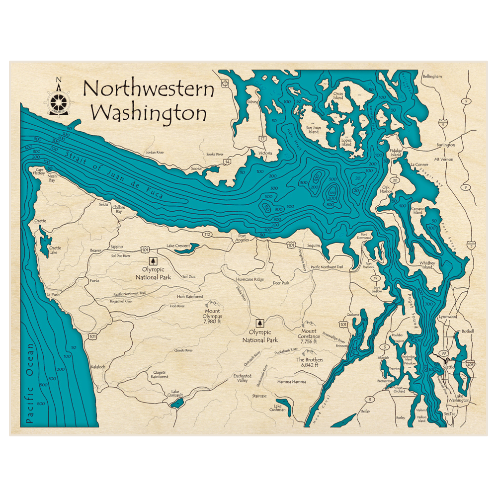 Bathymetric topo map of Northwestern Washington (Olympic National Park) with roads, towns and depths noted in blue water