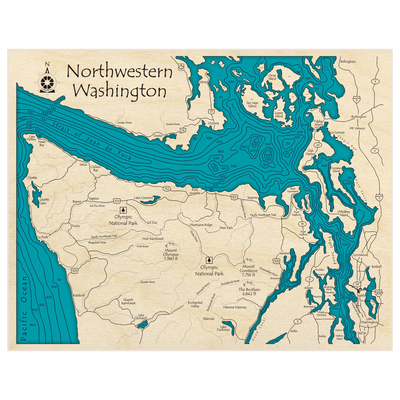 Bathymetric topo map of Northwestern Washington (Olympic National Park) with roads, towns and depths noted in blue water