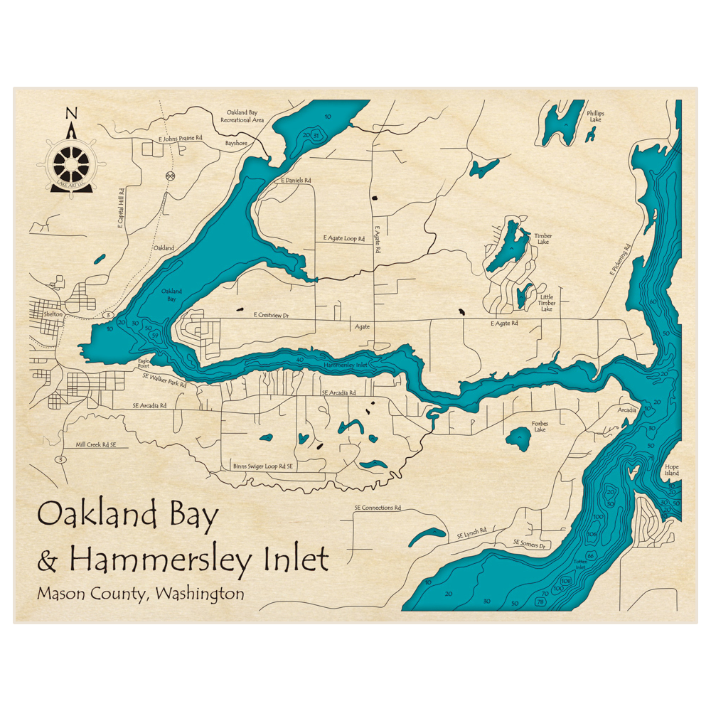 Bathymetric topo map of Oakland Bay and Hammersley Inlet with roads, towns and depths noted in blue water