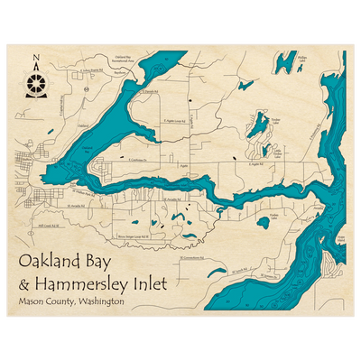 Bathymetric topo map of Oakland Bay and Hammersley Inlet with roads, towns and depths noted in blue water