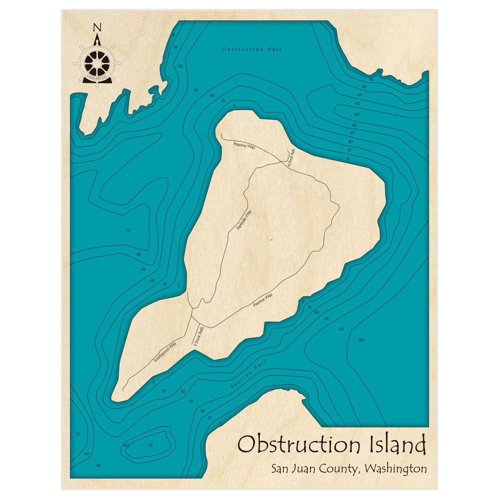 Bathymetric topo map of Obstruction Island with roads, towns and depths noted in blue water
