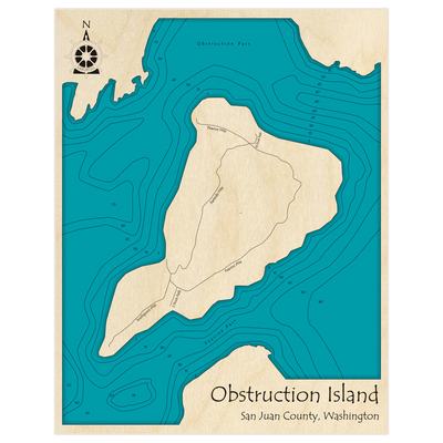 Bathymetric topo map of Obstruction Island with roads, towns and depths noted in blue water