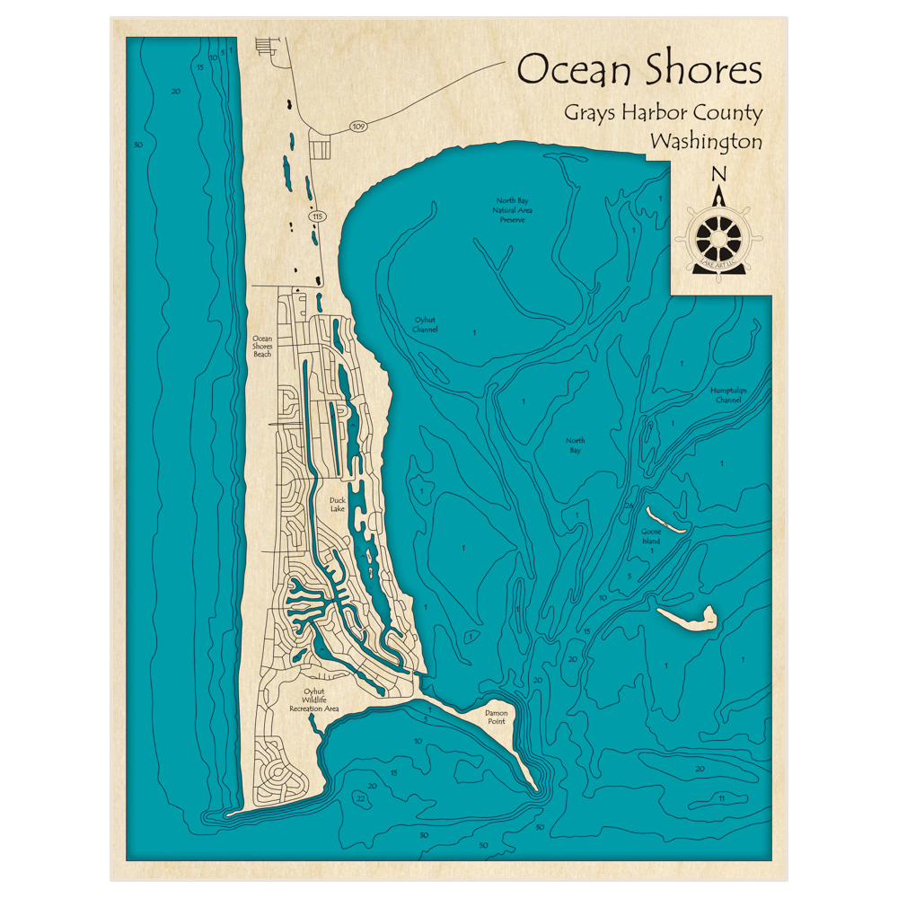 Bathymetric topo map of Ocean Shores with roads, towns and depths noted in blue water