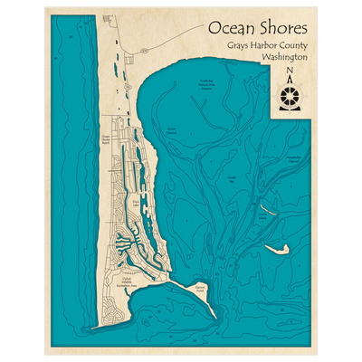 Bathymetric topo map of Ocean Shores with roads, towns and depths noted in blue water