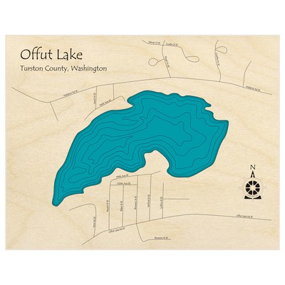 Bathymetric topo map of Offut Lake  with roads, towns and depths noted in blue water