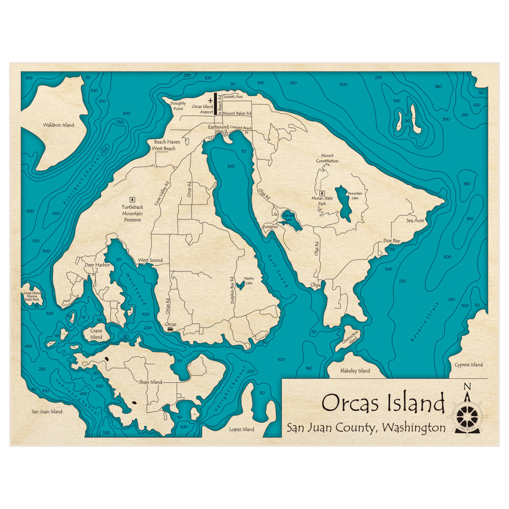 Bathymetric topo map of Orcas Island with roads, towns and depths noted in blue water