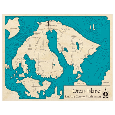 Bathymetric topo map of Orcas Island with roads, towns and depths noted in blue water