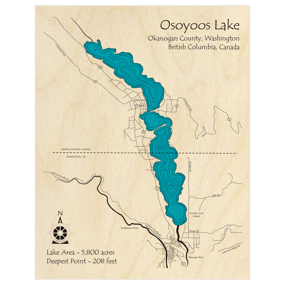 Bathymetric topo map of Osoyoos Lake with roads, towns and depths noted in blue water