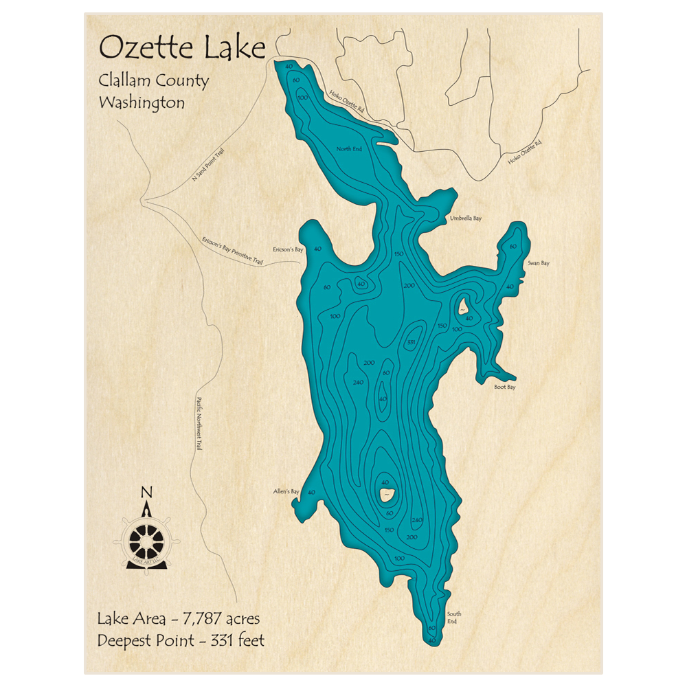 Bathymetric topo map of Ozette Lake with roads, towns and depths noted in blue water