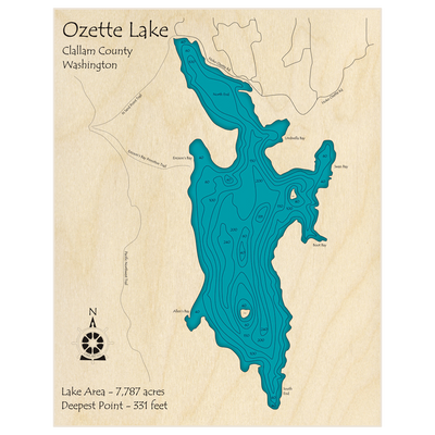 Bathymetric topo map of Ozette Lake with roads, towns and depths noted in blue water