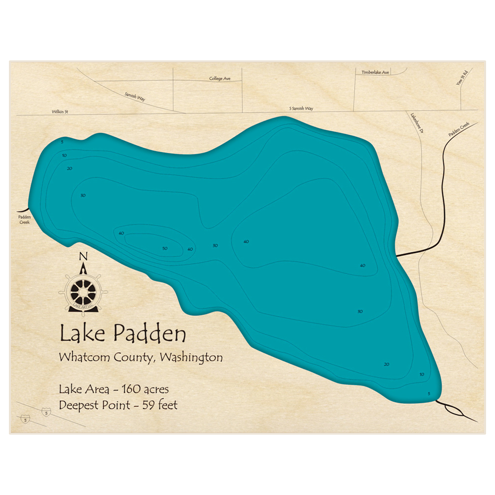 Bathymetric topo map of Lake Padden with roads, towns and depths noted in blue water
