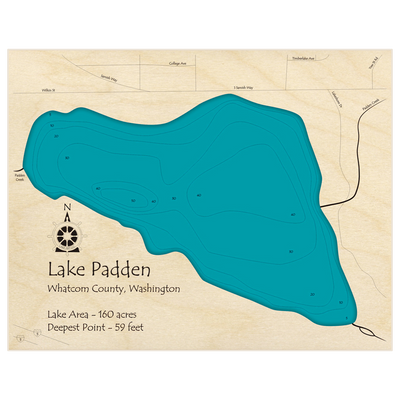 Bathymetric topo map of Lake Padden with roads, towns and depths noted in blue water