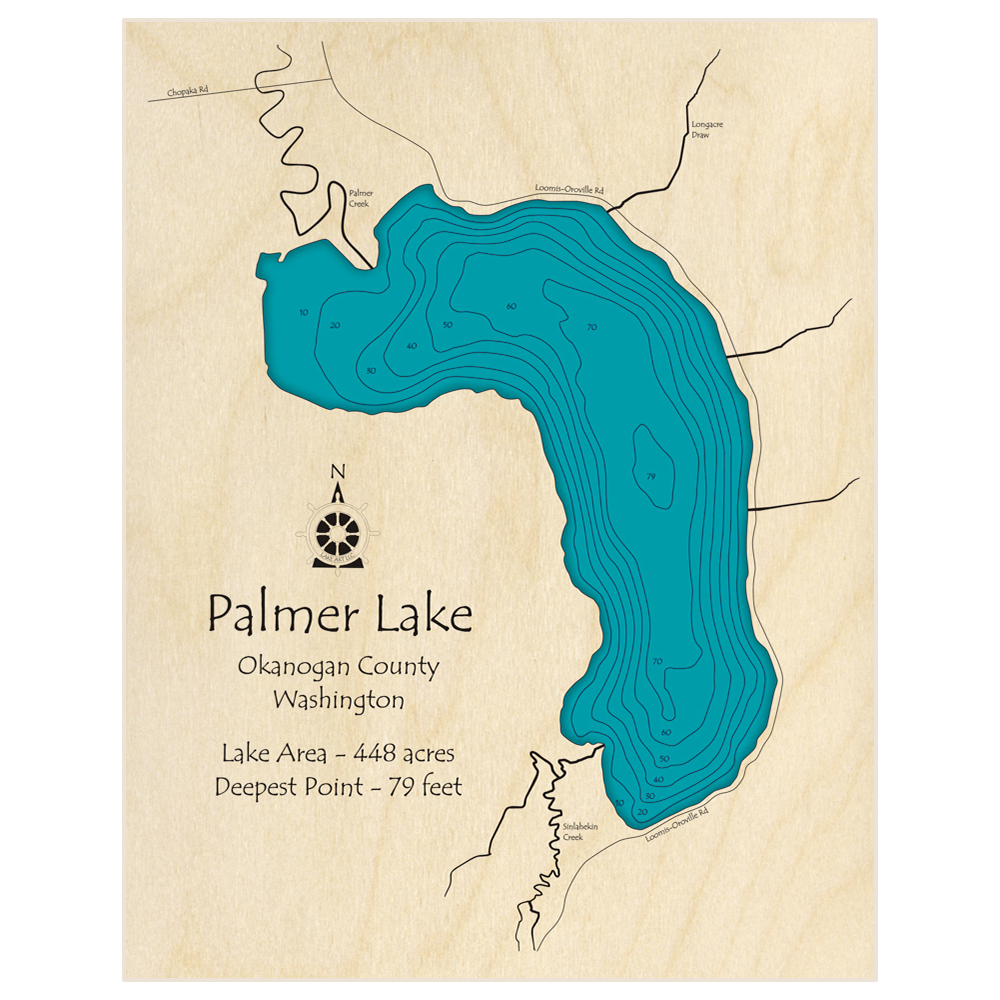 Bathymetric topo map of Palmer Lake with roads, towns and depths noted in blue water