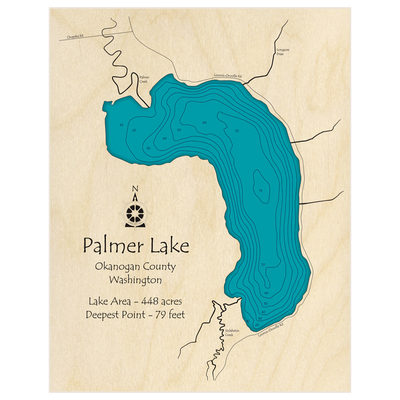 Bathymetric topo map of Palmer Lake with roads, towns and depths noted in blue water