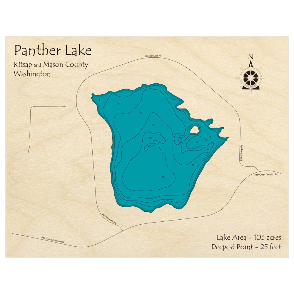 Bathymetric topo map of Panther Lake with roads, towns and depths noted in blue water