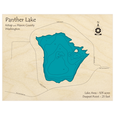 Bathymetric topo map of Panther Lake with roads, towns and depths noted in blue water