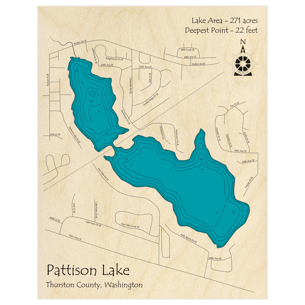 Bathymetric topo map of Pattison Lake with roads, towns and depths noted in blue water