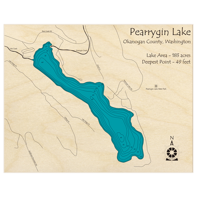 Bathymetric topo map of Pearrygin Lake with roads, towns and depths noted in blue water