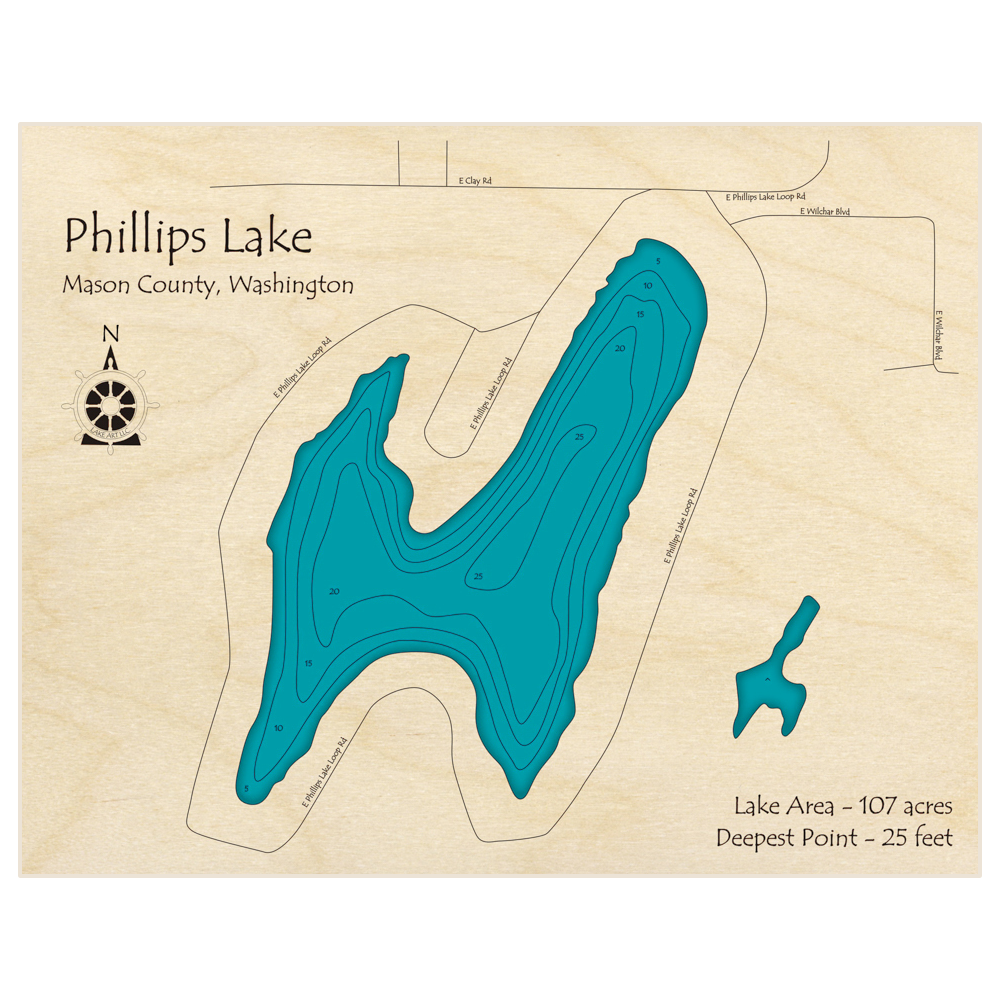 Bathymetric topo map of Phillips Lake with roads, towns and depths noted in blue water