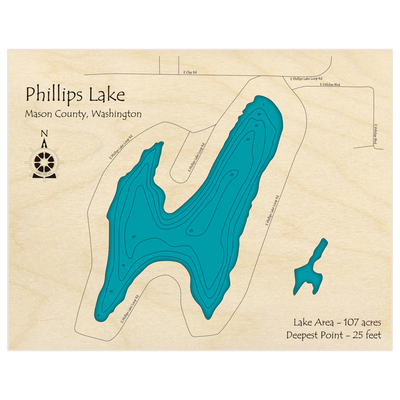 Bathymetric topo map of Phillips Lake with roads, towns and depths noted in blue water