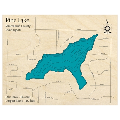 Bathymetric topo map of Pine Lake with roads, towns and depths noted in blue water