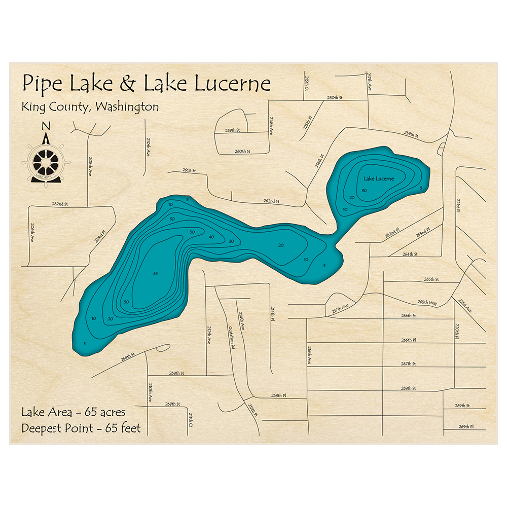 Bathymetric topo map of Pipe Lake and Lake Lucerne with roads, towns and depths noted in blue water