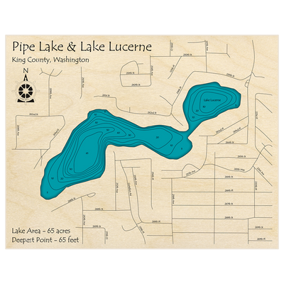 Bathymetric topo map of Pipe Lake and Lake Lucerne with roads, towns and depths noted in blue water