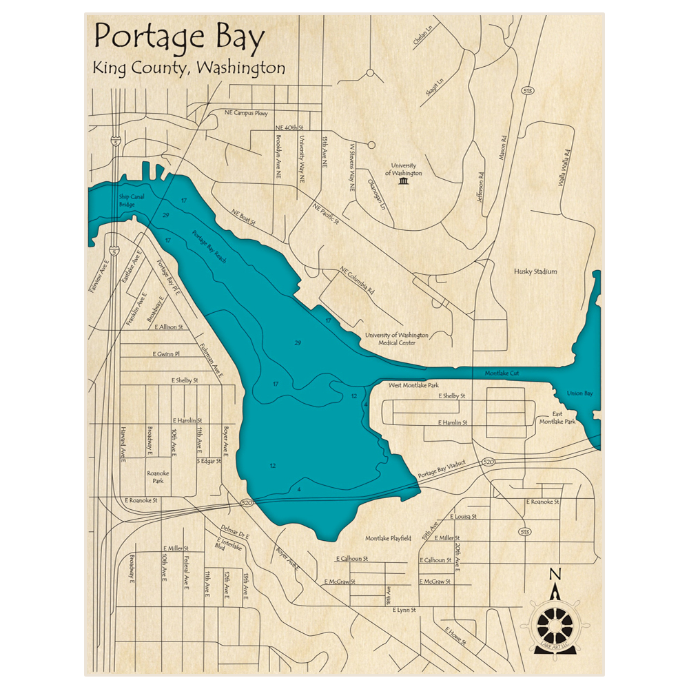Bathymetric topo map of Portage Bay with roads, towns and depths noted in blue water