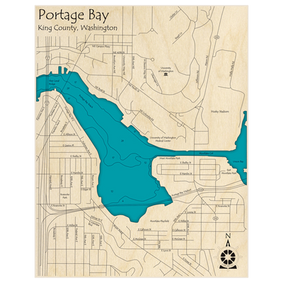 Bathymetric topo map of Portage Bay with roads, towns and depths noted in blue water