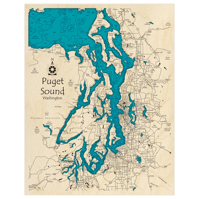 Bathymetric topo map of Puget Sound with roads, towns and depths noted in blue water