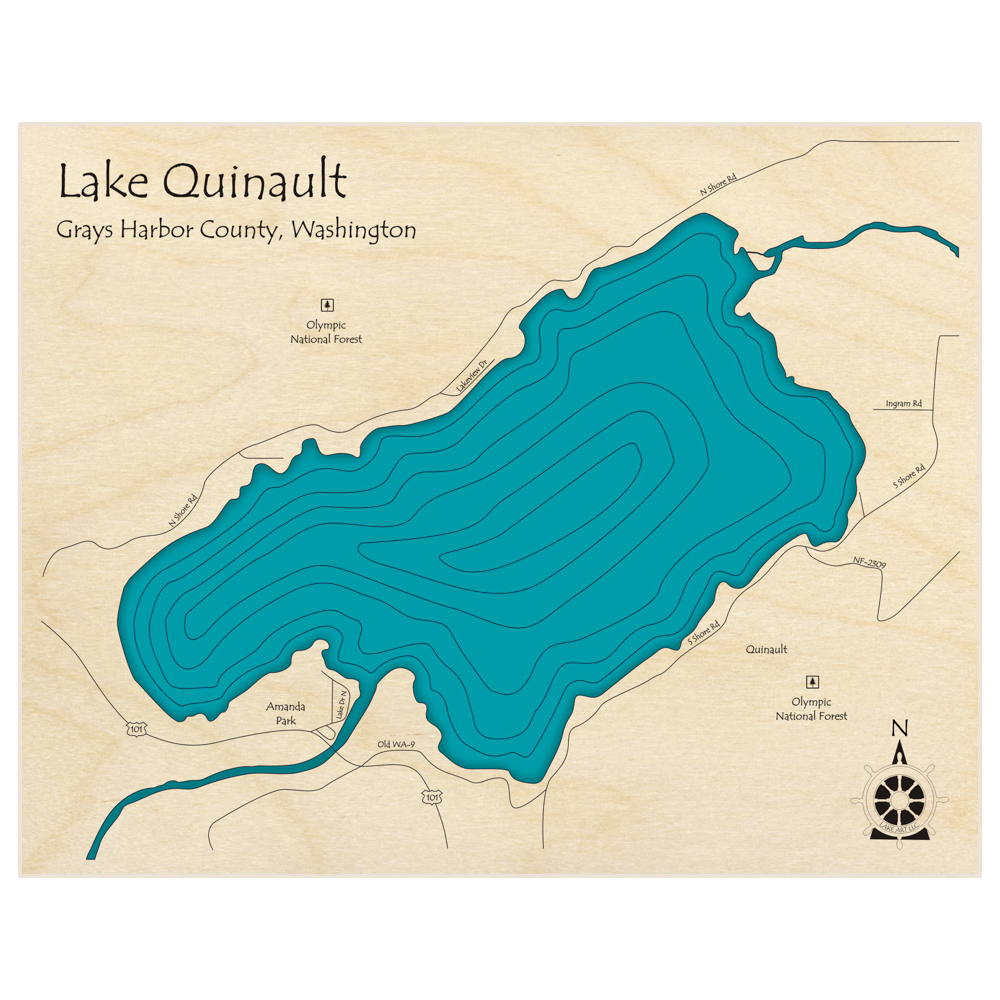 Bathymetric topo map of Lake Quinault  with roads, towns and depths noted in blue water
