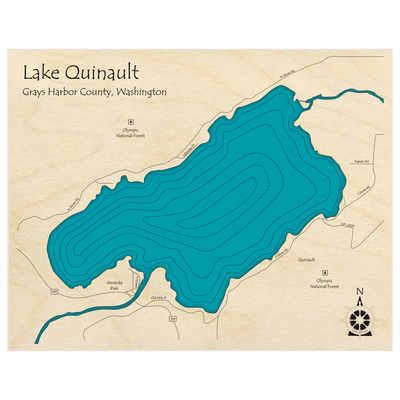 Bathymetric topo map of Lake Quinault  with roads, towns and depths noted in blue water