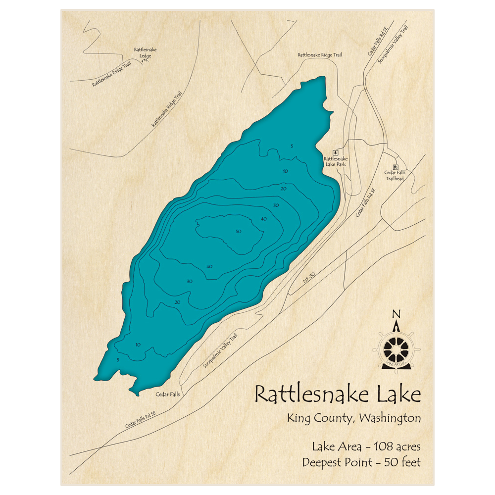 Bathymetric topo map of Rattlesnake Lake with roads, towns and depths noted in blue water