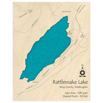 Bathymetric topo map of Rattlesnake Lake with roads, towns and depths noted in blue water