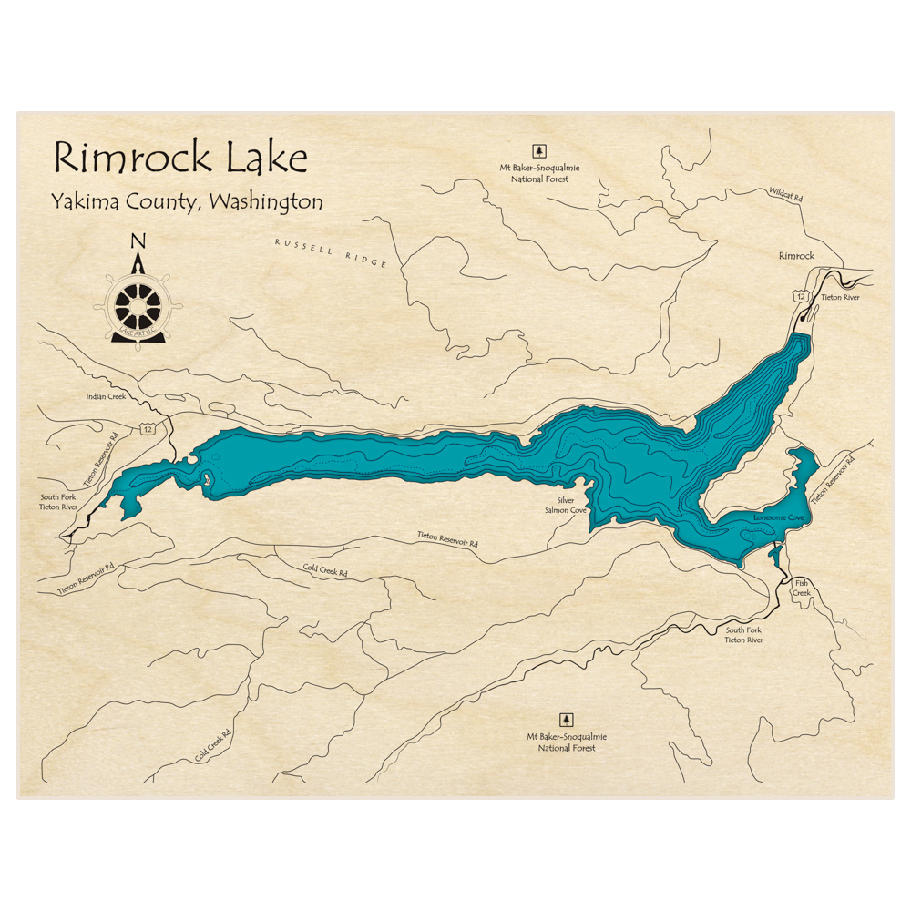Bathymetric topo map of Rimrock Lake  with roads, towns and depths noted in blue water