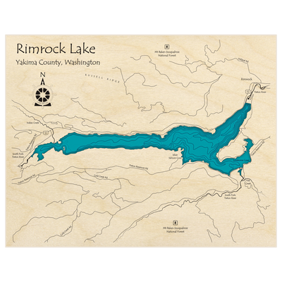 Bathymetric topo map of Rimrock Lake  with roads, towns and depths noted in blue water