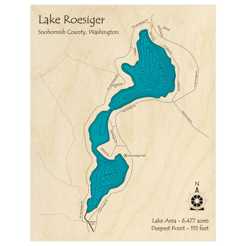 Bathymetric topo map of Lake Roesiger with roads, towns and depths noted in blue water