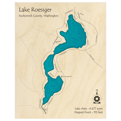 Bathymetric topo map of Lake Roesiger with roads, towns and depths noted in blue water