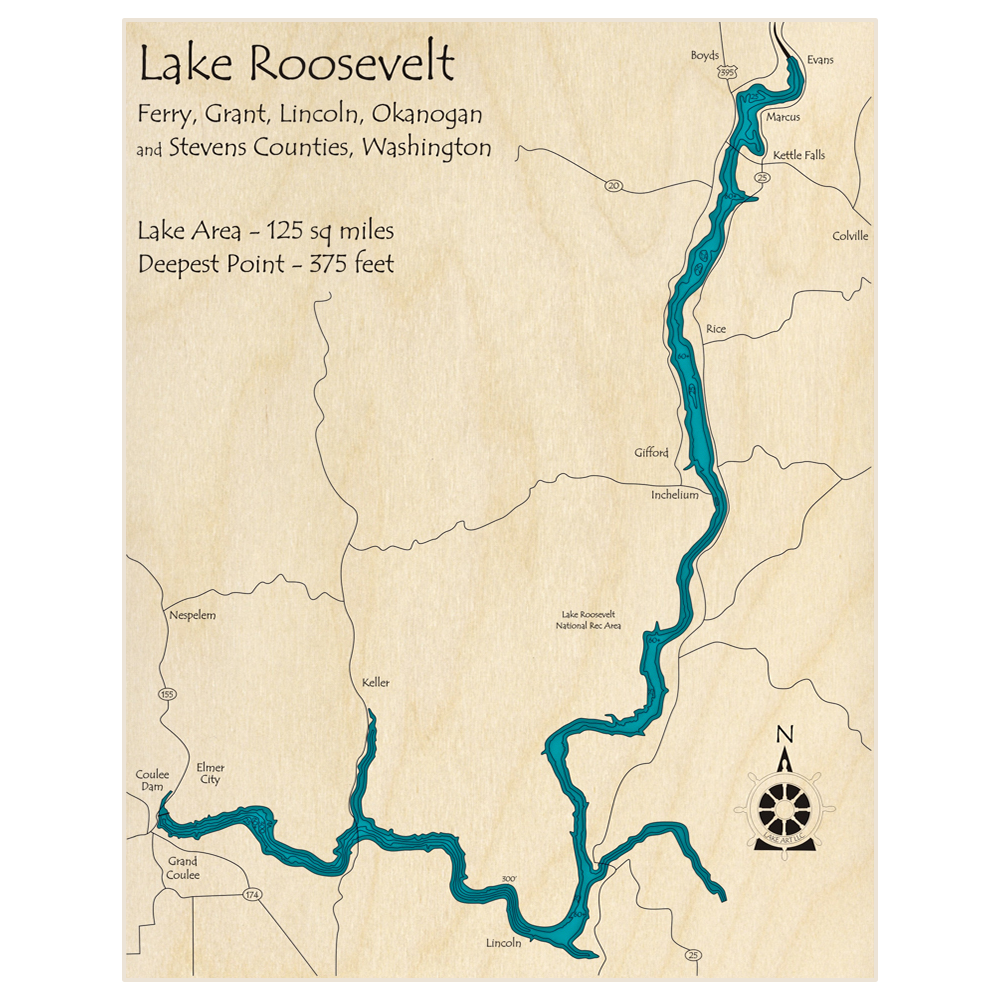 Bathymetric topo map of Lake Roosevelt with roads, towns and depths noted in blue water